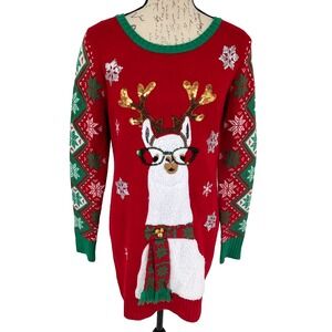 Christmas Sweater Large Red Green LLama with Glasses Antlers Bells